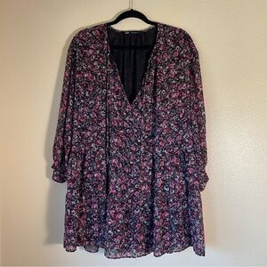 Zara Black Floral Long Sleeve Mini Dress, Size Medium